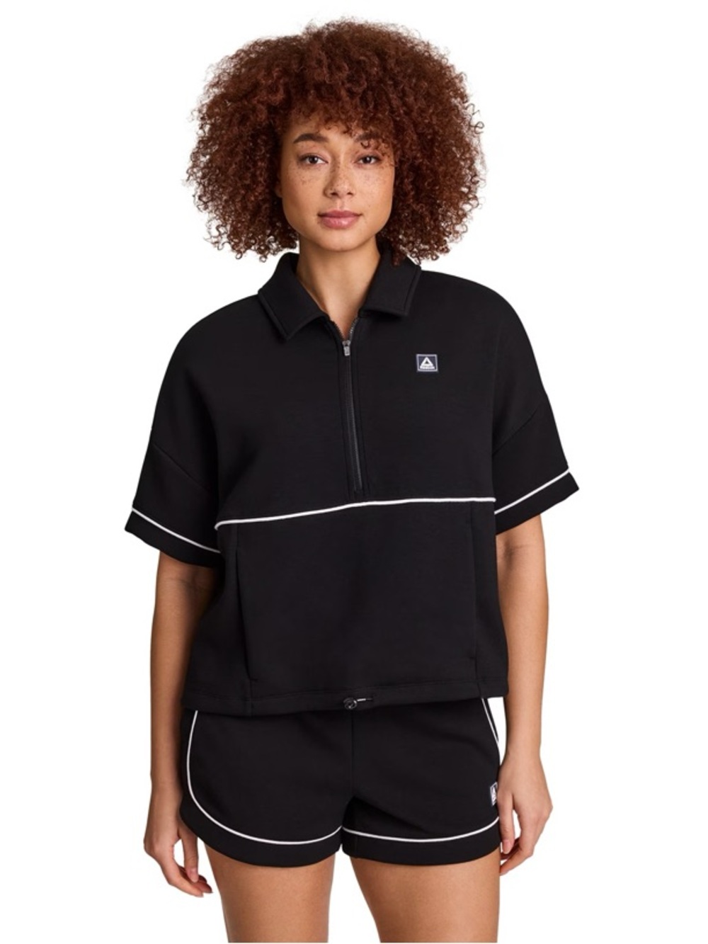 Reebok Black Short-Sleeve Quarter-Zip Pullover with White Piping